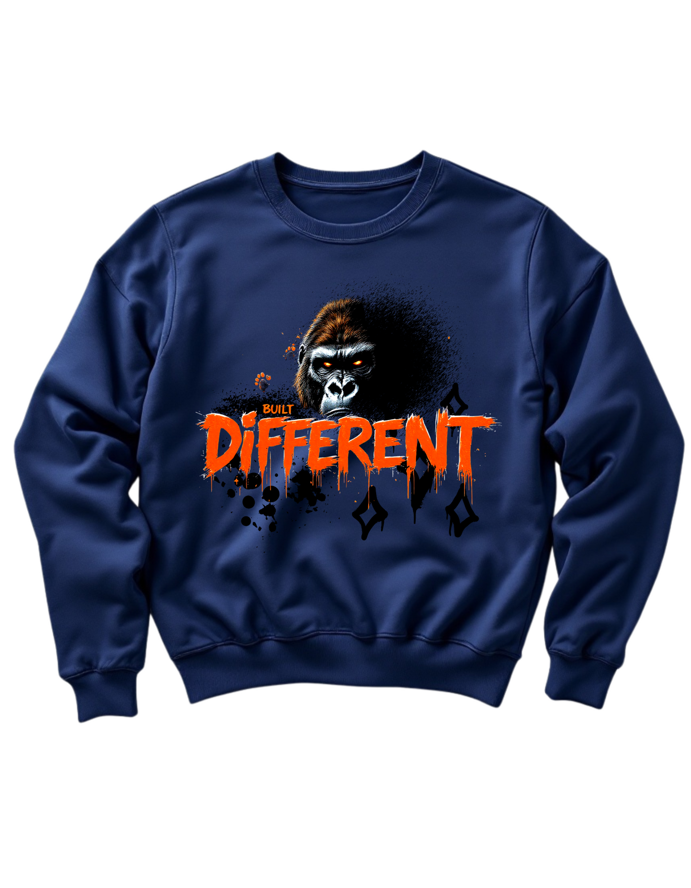 Navy crewneck sweatshirt with custom DTF printed fierce gorilla design featuring orange glowing eyes and dripping text effect with diamond accents