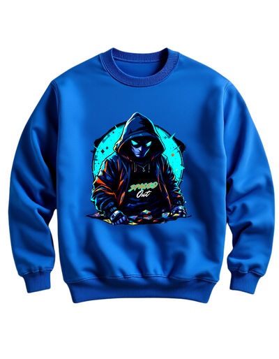 Blue crewneck sweatshirt with custom DTF printed hooded figure design featuring neon cyan glow effects and geometric background elements