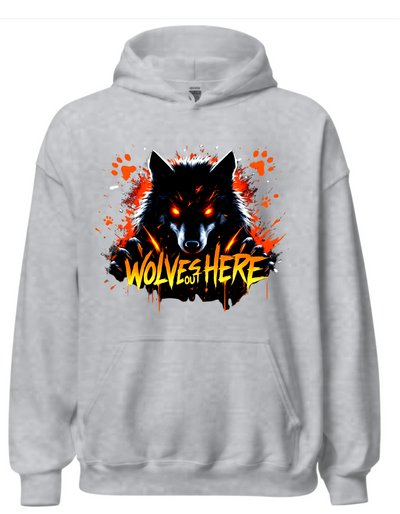 Grey hoodie with custom DTF printed fierce black wolf design featuring orange glowing eyes, red paw prints and orange flame text effect