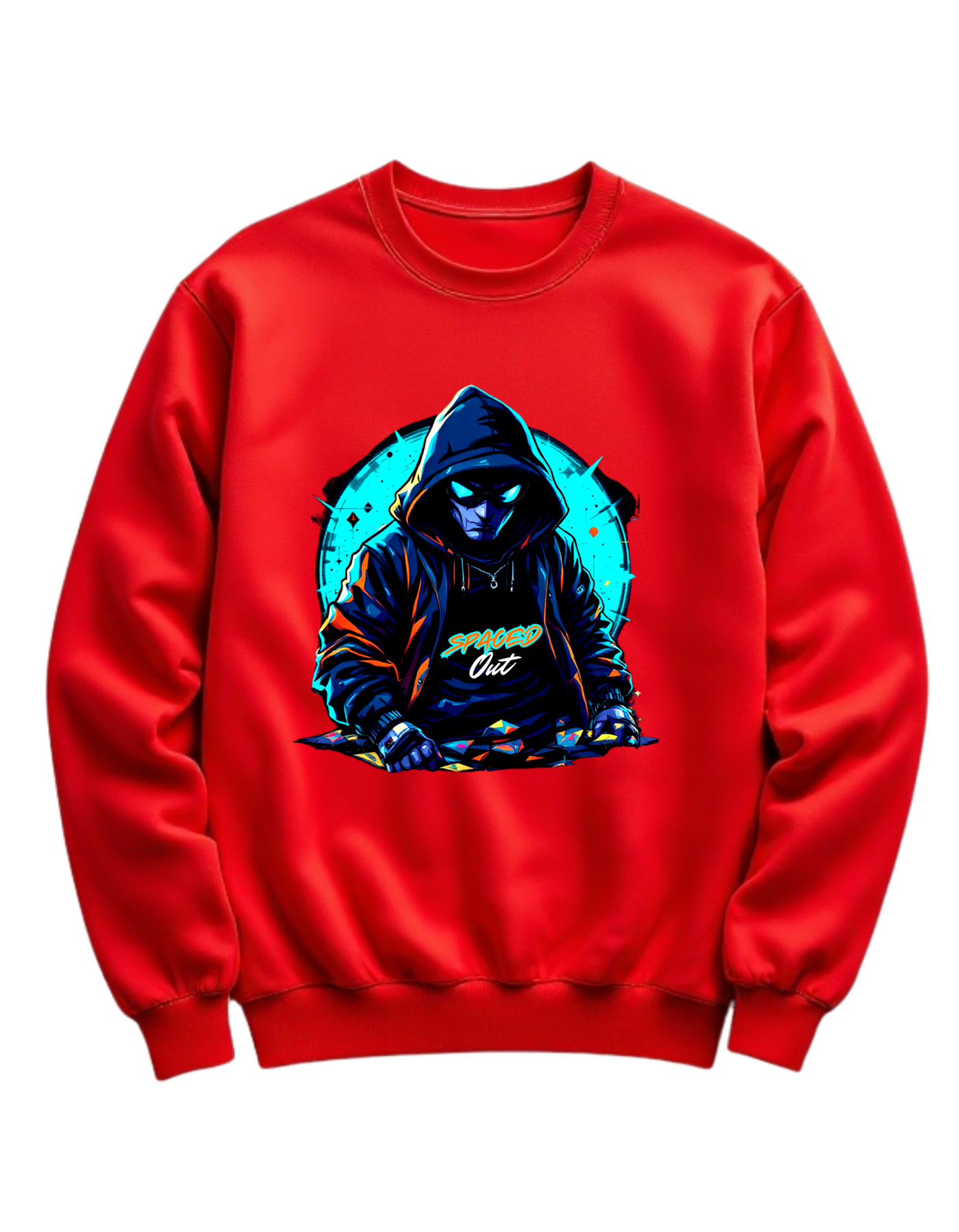 Red crewneck sweatshirt with custom DTF printed hooded figure design featuring neon cyan glow effects and geometric background elements
