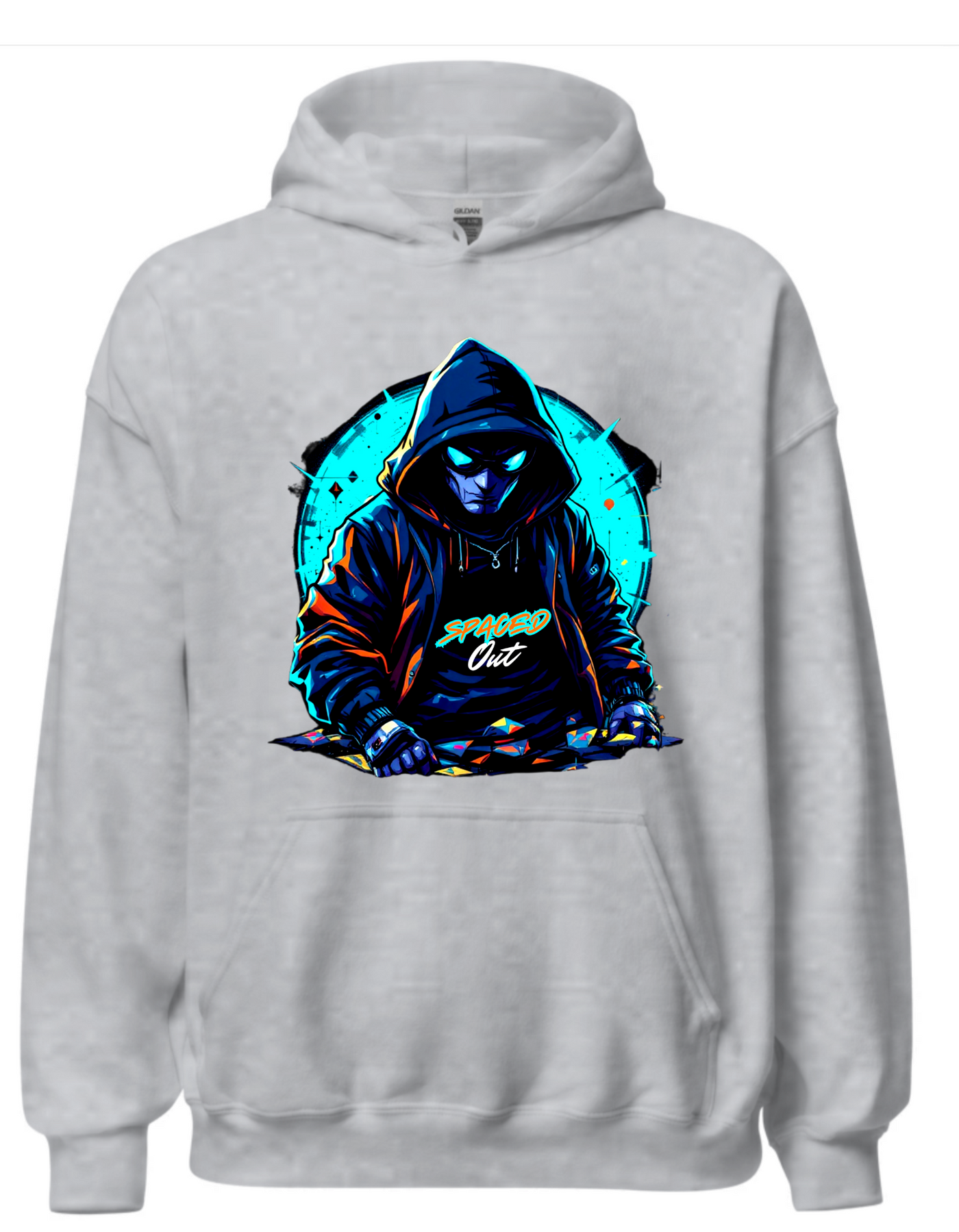 Grey hoodie with custom DTF printed hooded figure design featuring neon cyan glow effects and geometric background elements