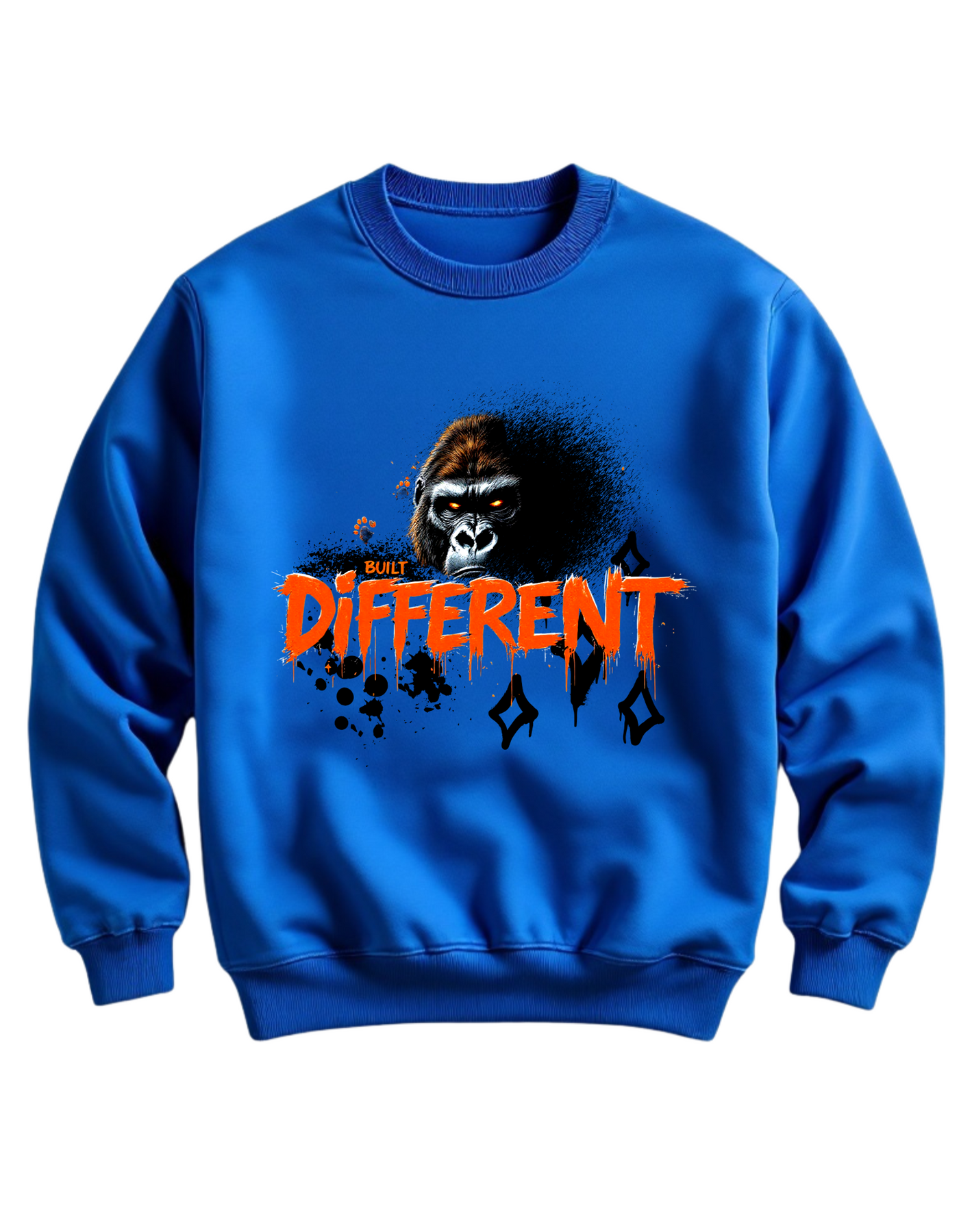 Blue crewneck sweatshirt with custom DTF printed fierce gorilla design featuring orange glowing eyes and dripping text effect with diamond accents