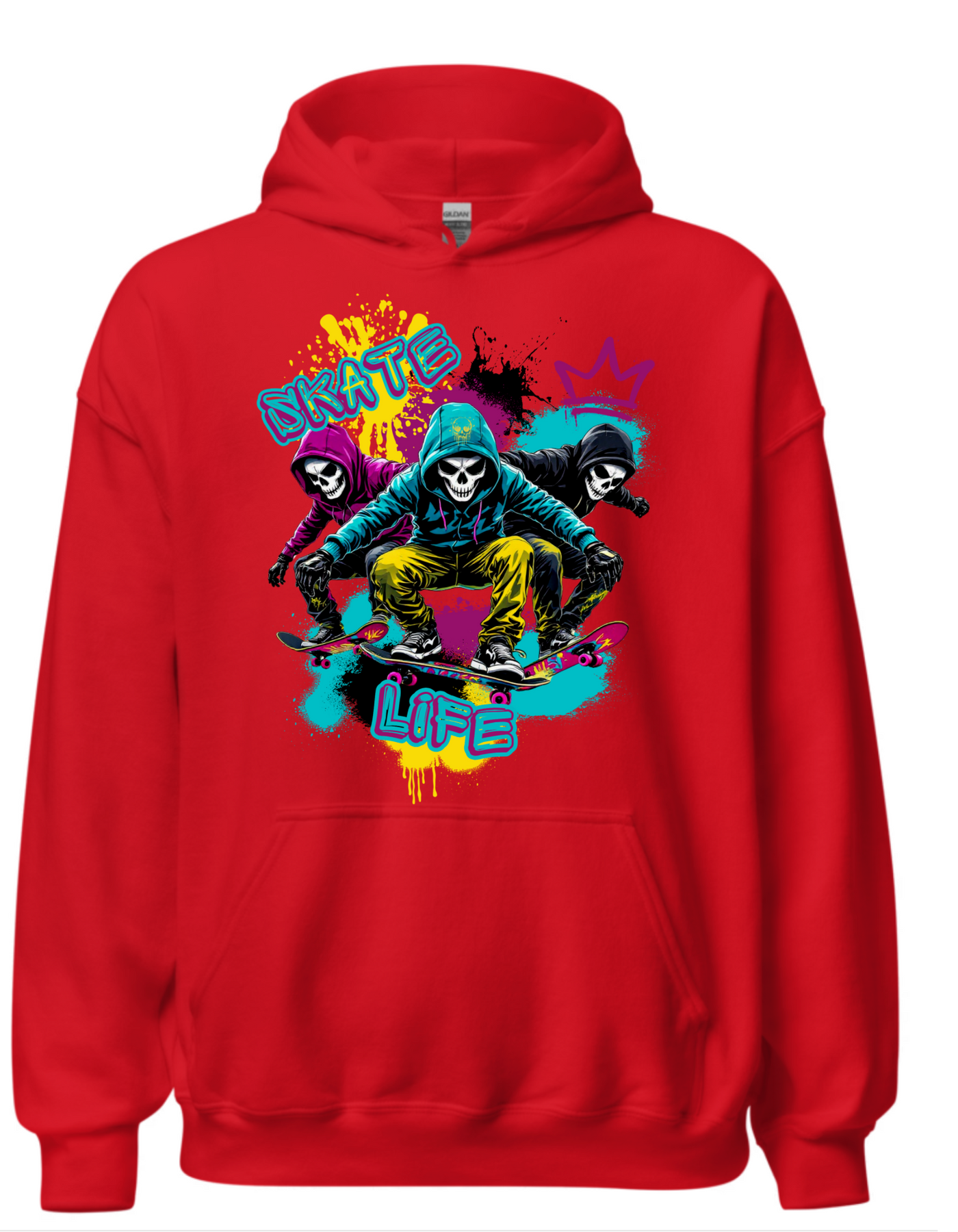 Red hoodie with custom DTF printed Skate Life design featuring three hooded skull characters in neon colors with yellow, pink, and teal accents and graffiti style text