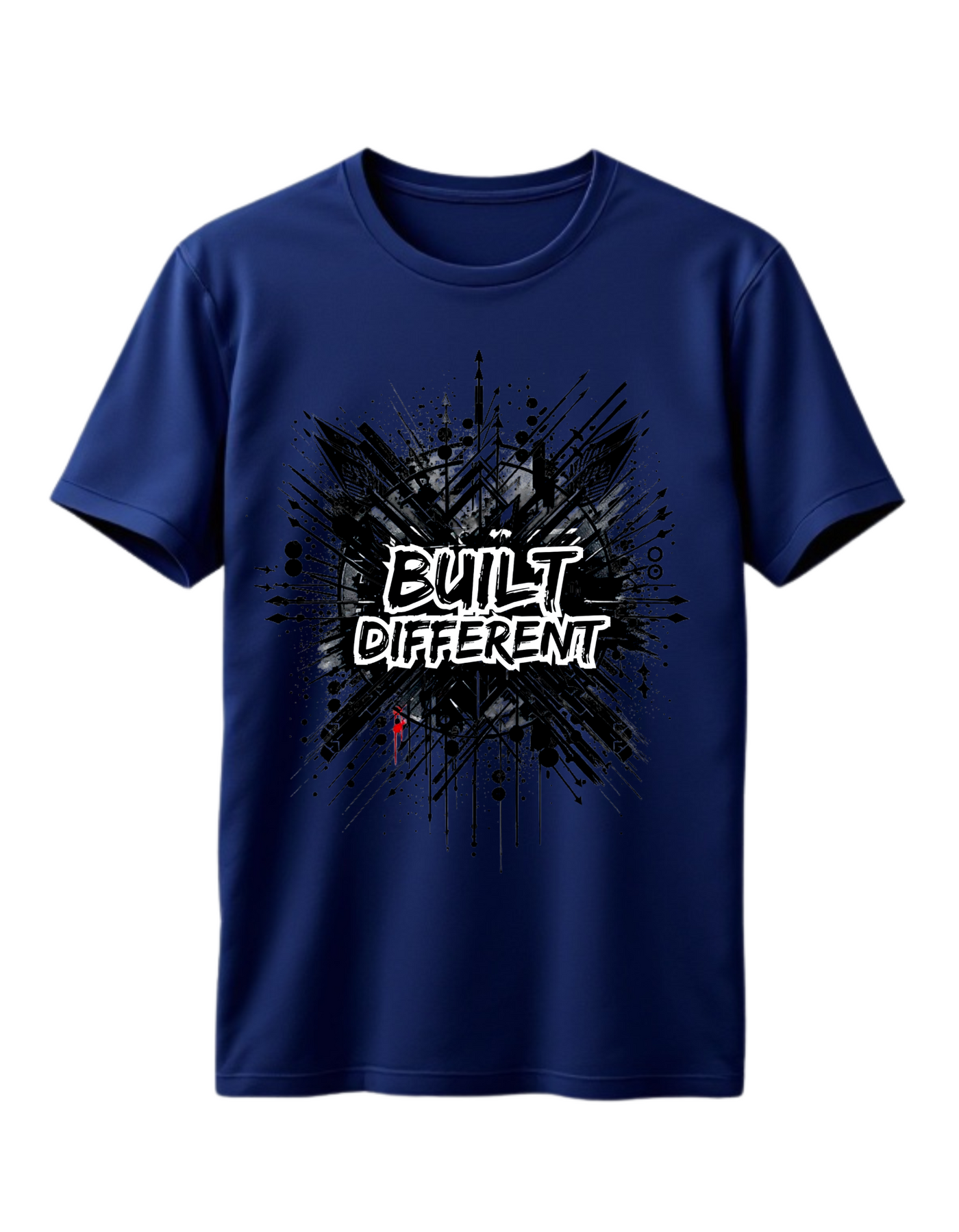 Navy t-shirt with custom DTF printed Built Different design featuring black explosion effect and white graffiti style text