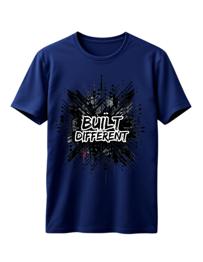 Navy t-shirt with custom DTF printed Built Different design featuring black explosion effect and white graffiti style text