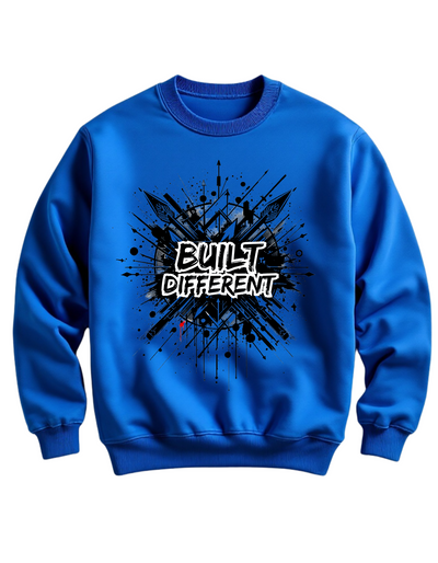 Blue crewneck sweatshirt with custom DTF printed Built Different design featuring black explosion effect and white graffiti style text