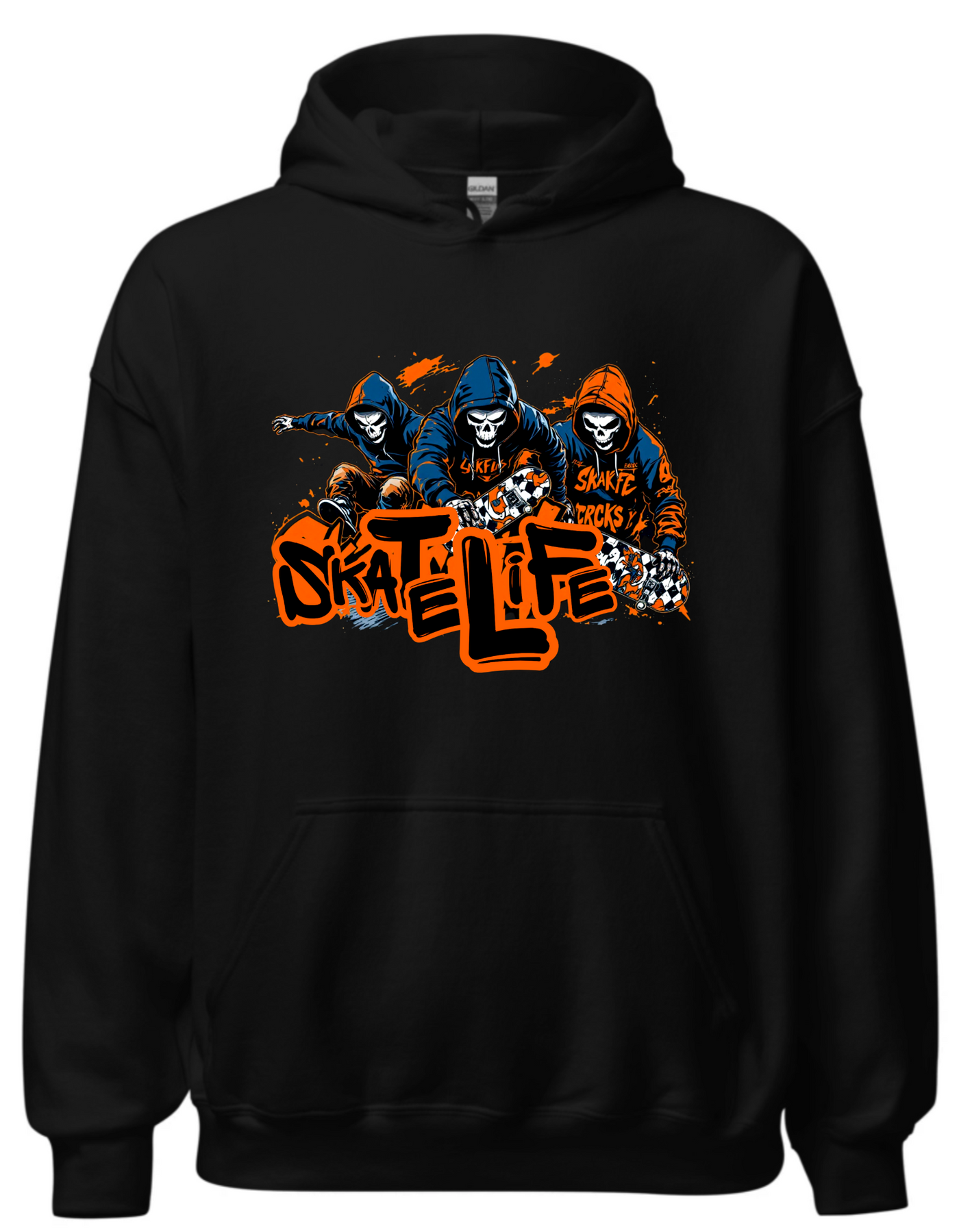 Black hoodie with custom DTF printed Skate Life design featuring three hooded skull characters with orange graffiti text and checkered flag elements