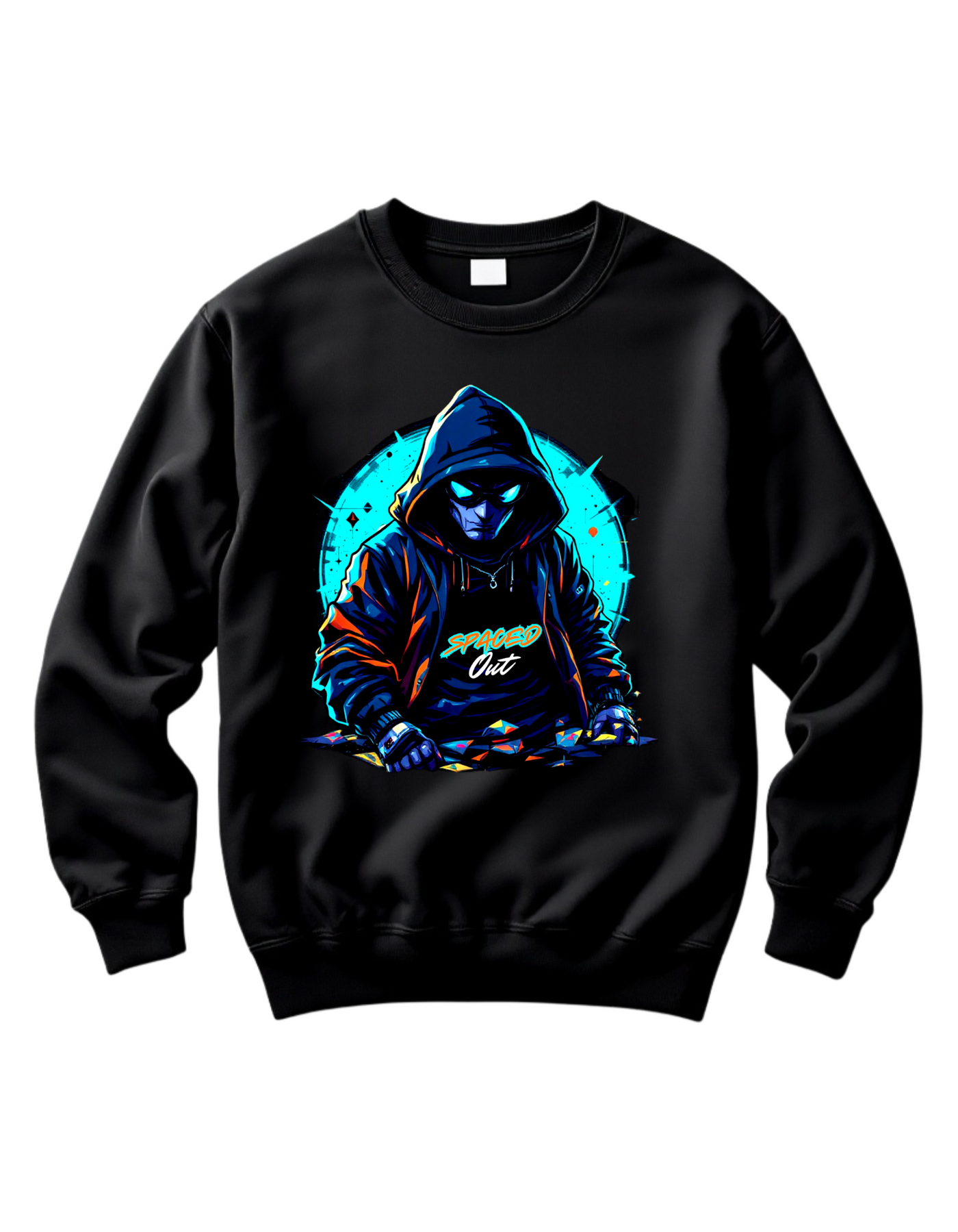 Black crewneck sweatshirt with custom DTF printed hooded figure design featuring neon cyan glow effects and geometric background elements