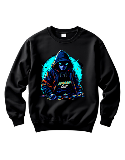 Black crewneck sweatshirt with custom DTF printed hooded figure design featuring neon cyan glow effects and geometric background elements