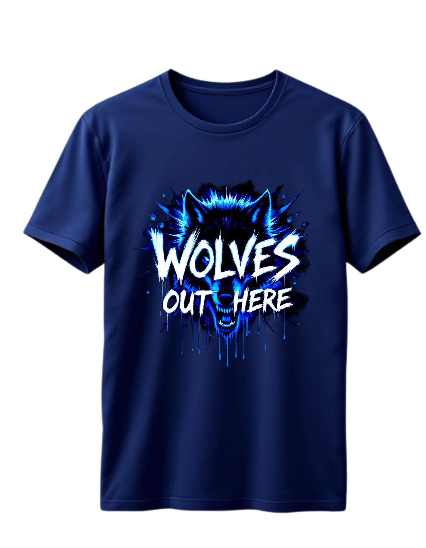 Navy t-shirt with custom DTF printed fierce wolf design featuring neon blue effects and white dripping text effect with black splash details