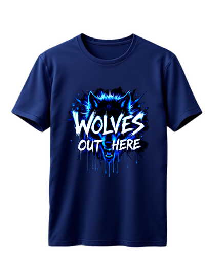 Navy t-shirt with custom DTF printed fierce wolf design featuring neon blue effects and white dripping text effect with black splash details