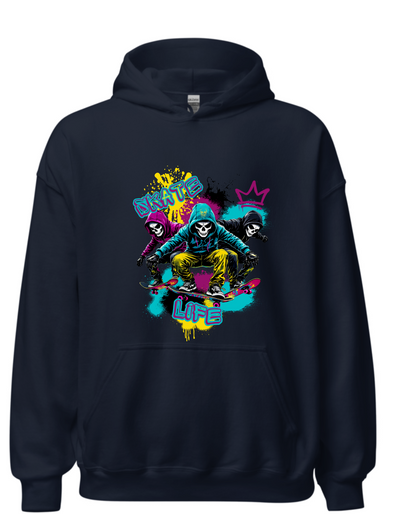 Navy hoodie with custom DTF printed Skate Life design featuring three hooded skull characters in neon colors with yellow, pink, and teal accents and graffiti style text