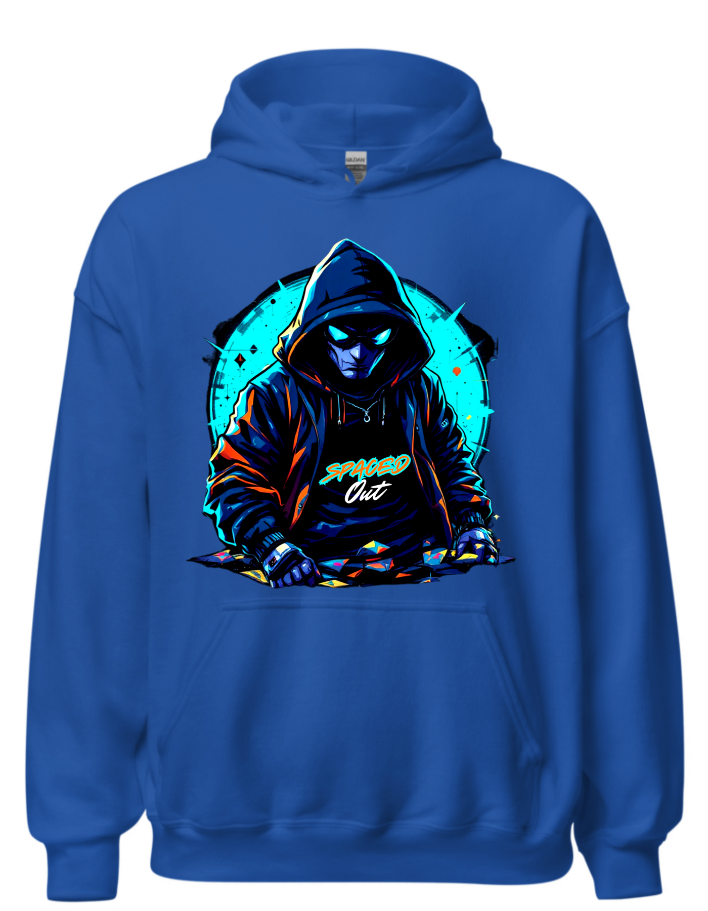 Blue hoodie with custom DTF printed hooded figure design featuring neon cyan glow effects and geometric background elements