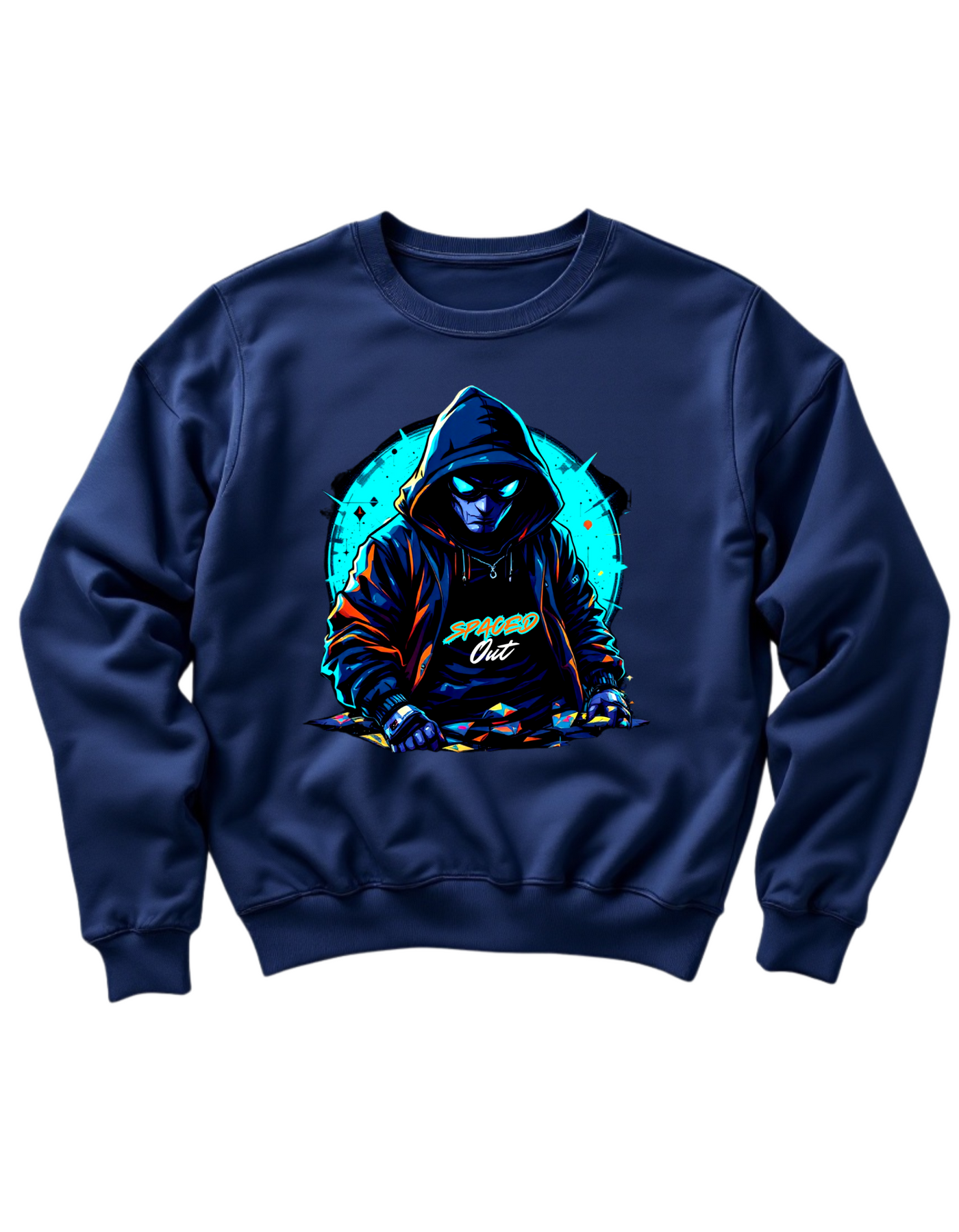 Navy crewneck sweatshirt with custom DTF printed hooded figure design featuring neon cyan glow effects and geometric background elements