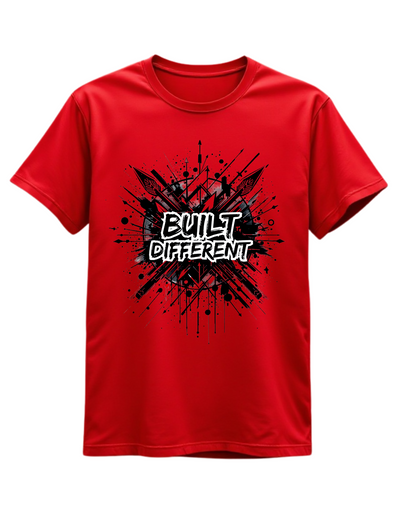 Red t-shirt with custom DTF printed Built Different design featuring black explosion effect and white graffiti style text