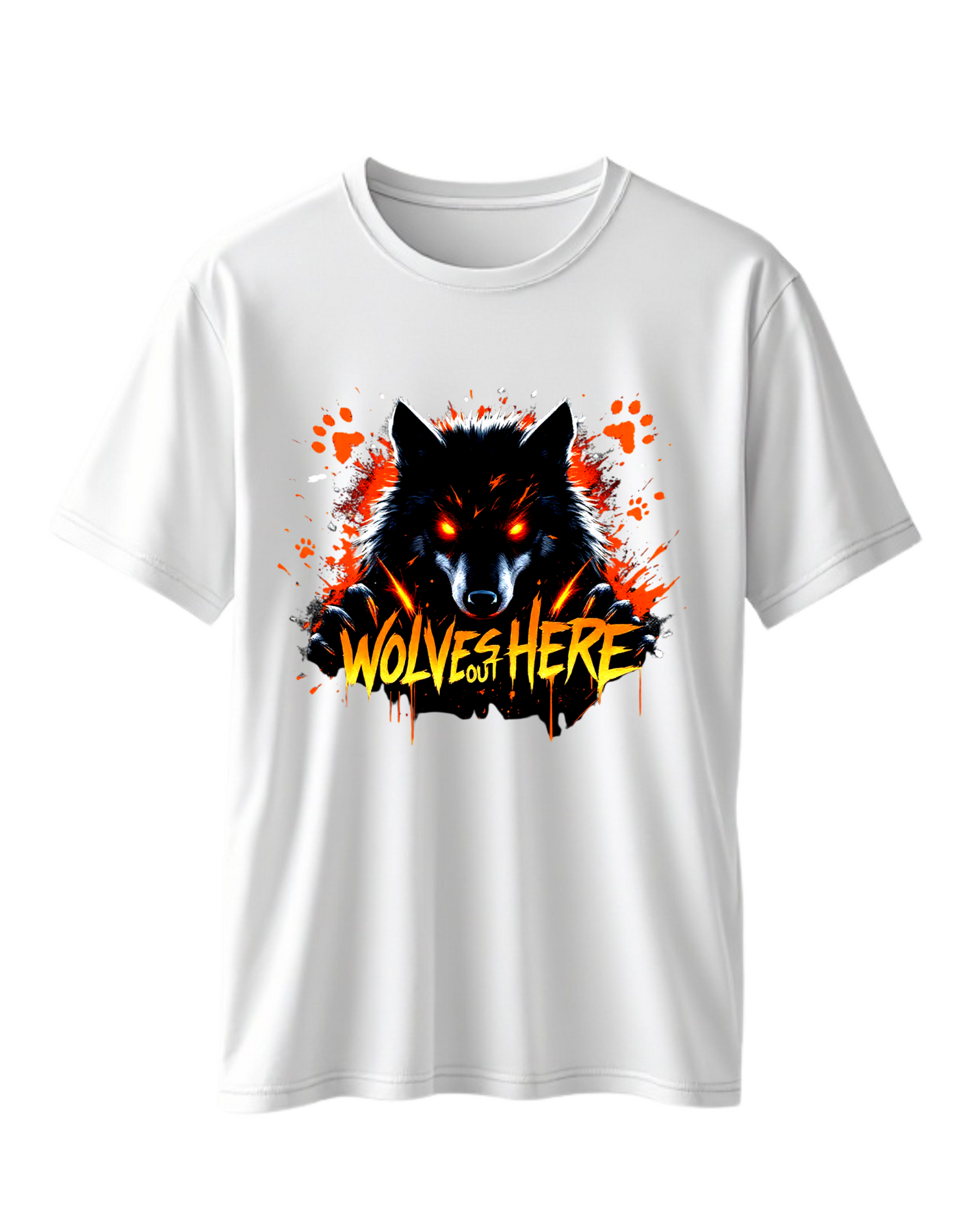 White crewneck sweatshirt with custom DTF printed fierce wolf design featuring neon blue effects and white dripping text effect with black splash details