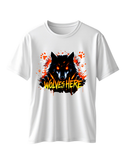 White crewneck sweatshirt with custom DTF printed fierce wolf design featuring neon blue effects and white dripping text effect with black splash details