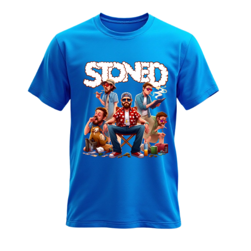 Custom DTF printed blue t-shirt featuring cartoon squad lifestyle design with detailed character artwork on premium cotton fabric