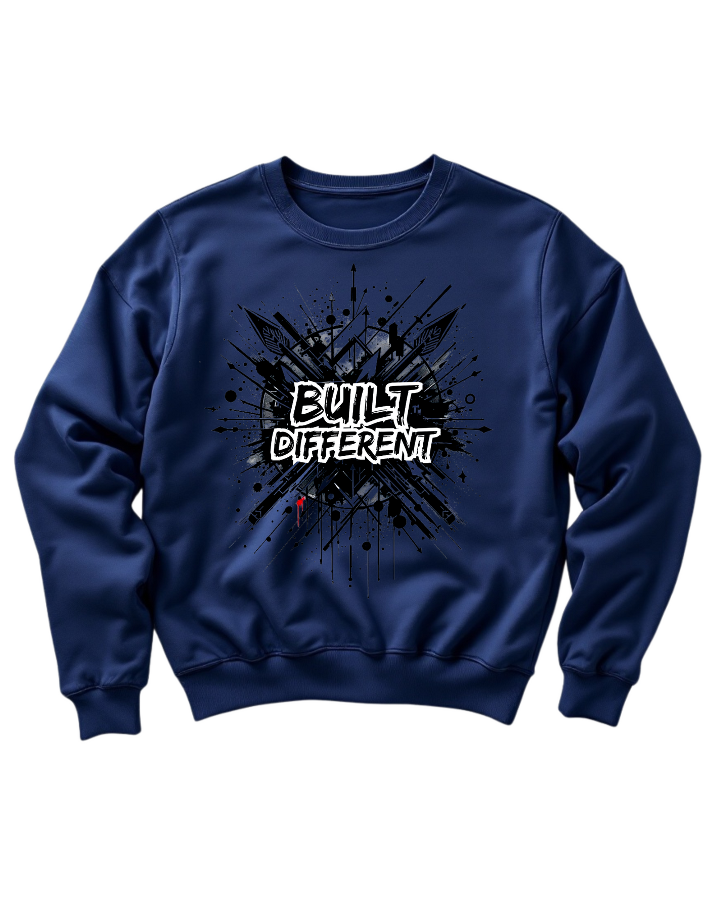 Navy crewneck sweatshirt with custom DTF printed Built Different design featuring black explosion effect and white graffiti style text