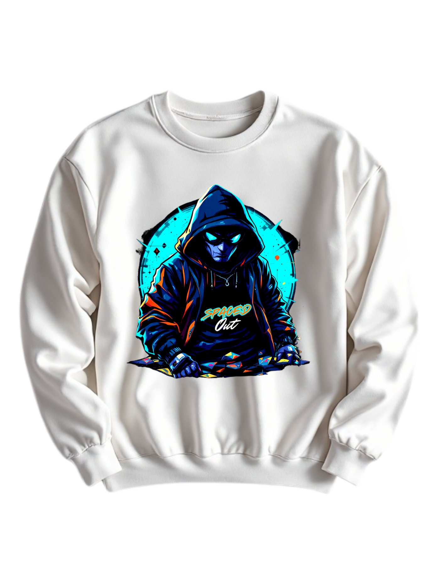 White crewneck sweatshirt with custom DTF printed hooded figure design featuring neon cyan glow effects and geometric background elements 