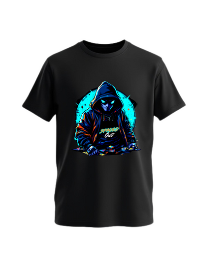 Black t-shirt with custom DTF printed hooded figure design featuring neon cyan glow effects and geometric background elements