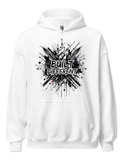 White hoodie with custom DTF printed Built Different design featuring black explosion effect and white graffiti style text
