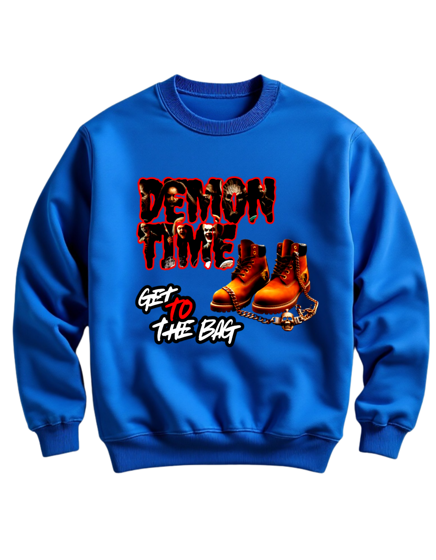 Blue crewneck sweatshirt with custom DTF printed Demon Time design featuring red text and brown work boots with gold chain accent