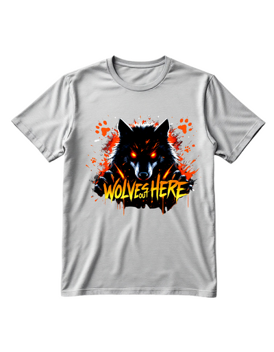 Grey crewneck sweatshirt with custom DTF printed fierce wolf design featuring neon blue effects and white dripping text effect with black splash details