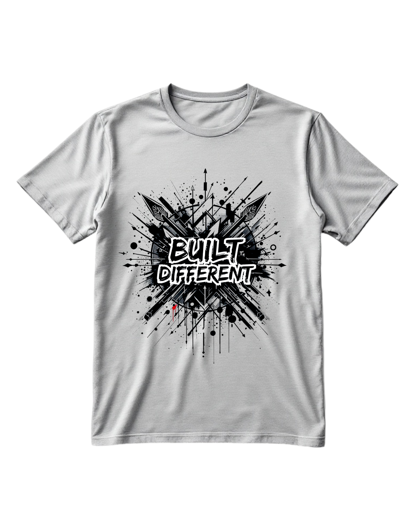 Grey t-shirt with custom DTF printed Built Different design featuring black explosion effect and white graffiti style text