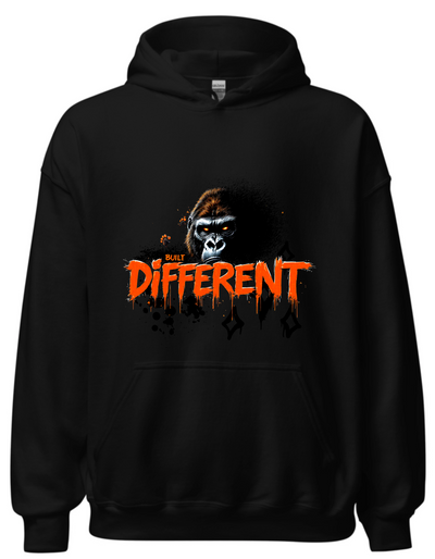 Black hoodie with custom DTF printed fierce gorilla design featuring orange glowing eyes and dripping text effect with diamond accents