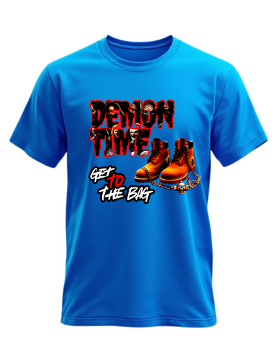 Blue t-shirt with custom DTF printed Demon Time design featuring red text and brown work boots with gold chain accent