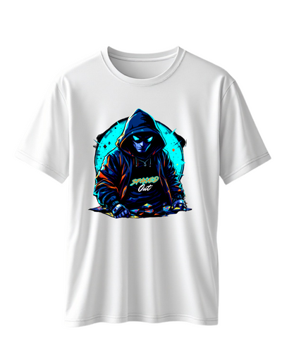 White t-shirt with custom DTF printed hooded figure design featuring neon cyan glow effects and geometric background elements 