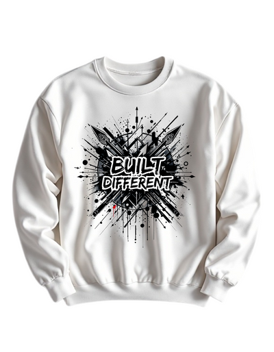 White crewneck sweatshirt with custom DTF printed Built Different design featuring black explosion effect and white graffiti style text