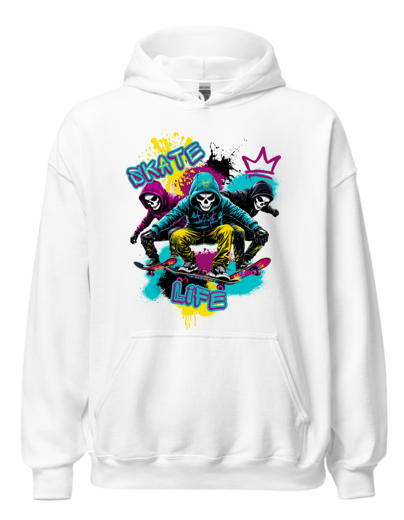 White hoodie with custom DTF printed Skate Life design featuring three hooded skull characters in neon colors with yellow, pink, and teal accents and graffiti style text