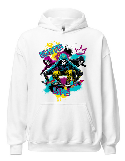 White hoodie with custom DTF printed Skate Life design featuring three hooded skull characters in neon colors with yellow, pink, and teal accents and graffiti style text
