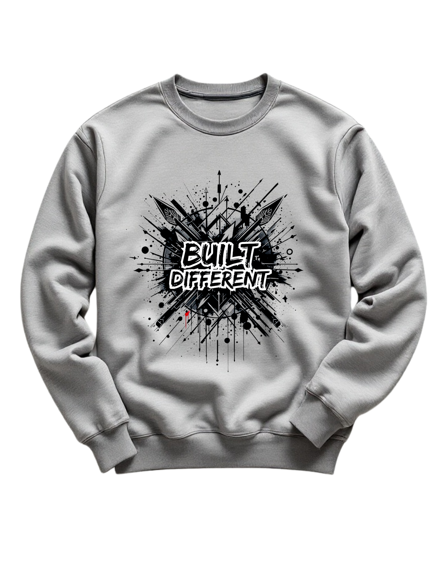 Grey crewneck sweatshirt with custom DTF printed Built Different design featuring black explosion effect and white graffiti style text