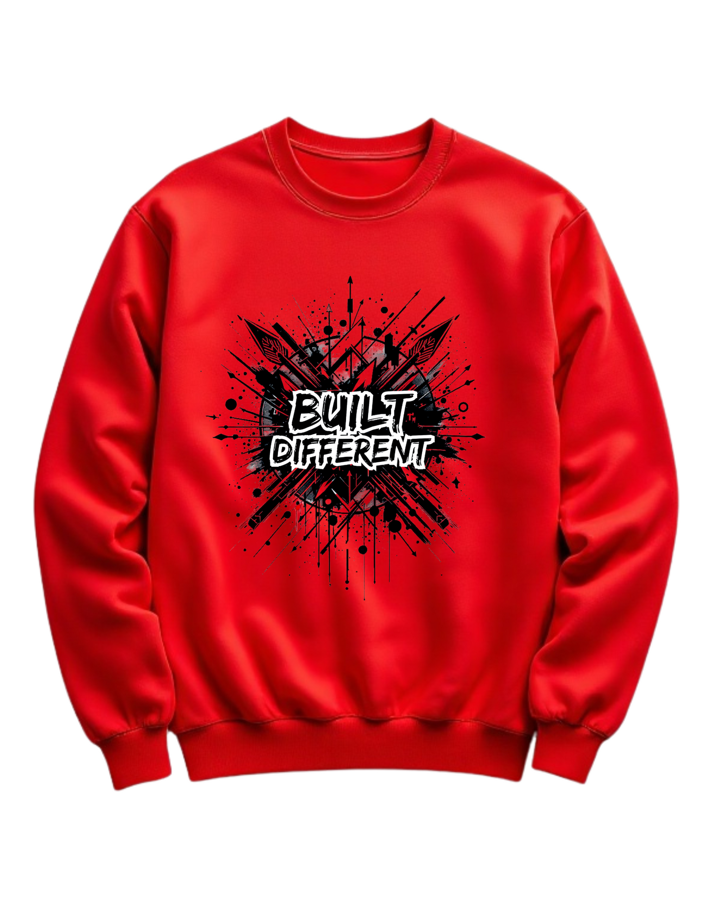 Red crewneck sweatshirt with custom DTF printed Built Different design featuring black explosion effect and white graffiti style text