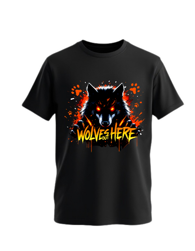 Black crewneck sweatshirt with custom DTF printed fierce wolf design featuring neon blue effects and white dripping text effect with black splash details