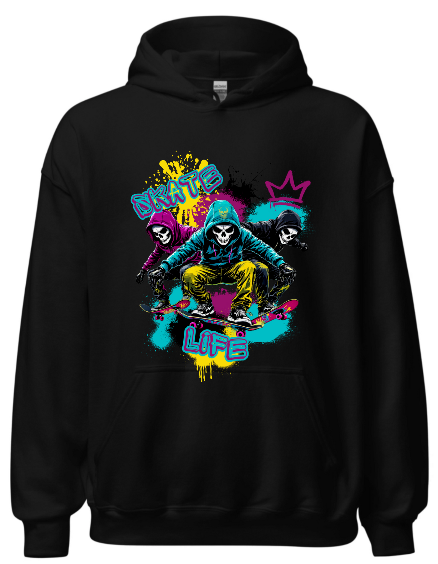 Black hoodie with custom DTF printed Skate Life design featuring three hooded skull characters in neon colors with yellow, pink, and teal accents and graffiti style text