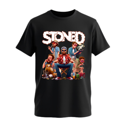 Custom DTF printed black t-shirt featuring cartoon squad lifestyle design with detailed character artwork on premium cotton fabric