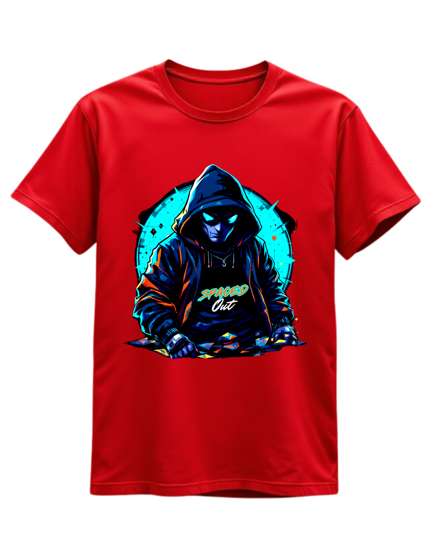 Red t-shirt with custom DTF printed hooded figure design featuring neon cyan glow effects and geometric background elements