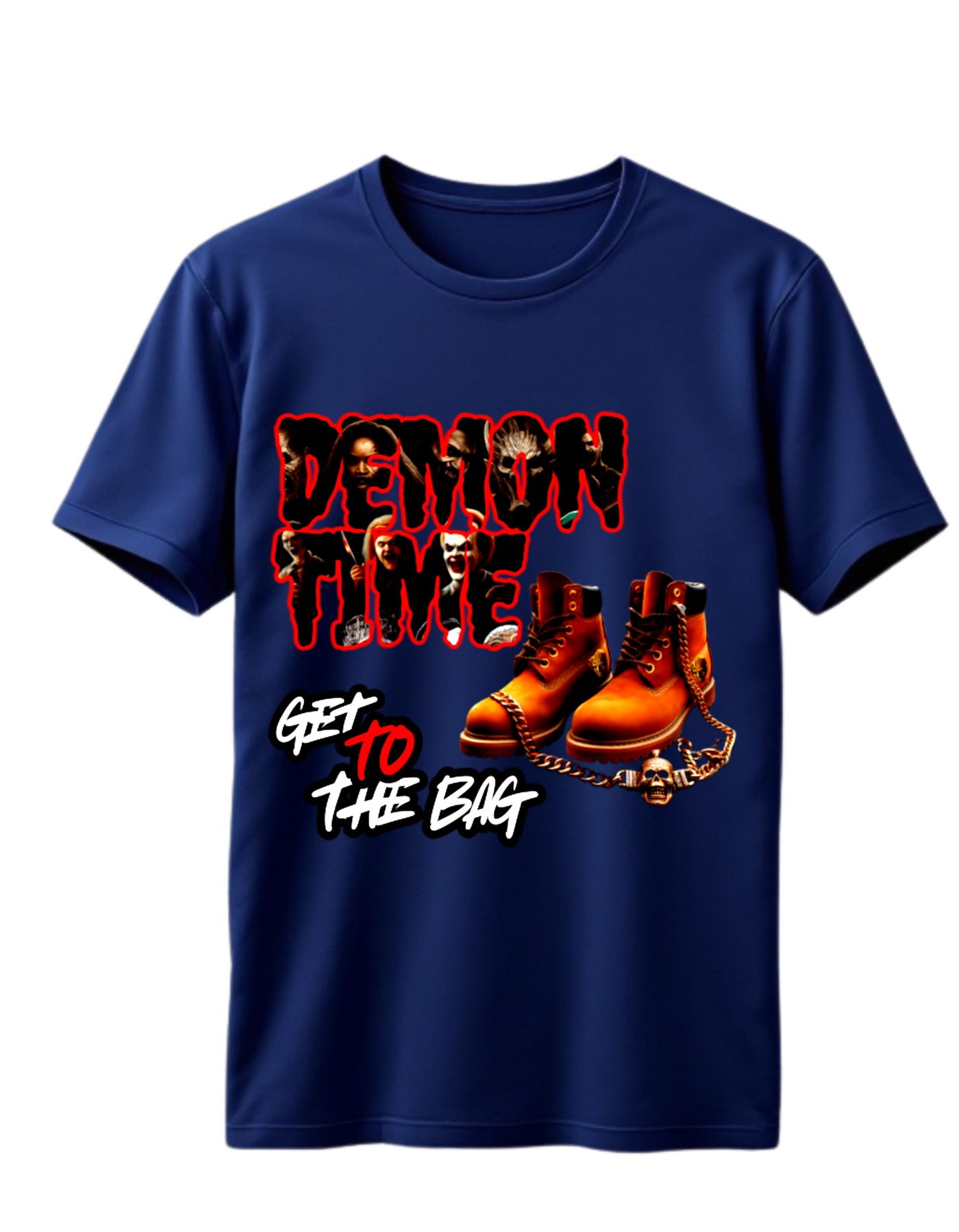 Navy t-shirt with custom DTF printed Demon Time design featuring red text and brown work boots with gold chain accent
