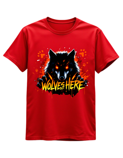 Red crewneck sweatshirt with custom DTF printed fierce wolf design featuring neon blue effects and white dripping text effect with black splash details