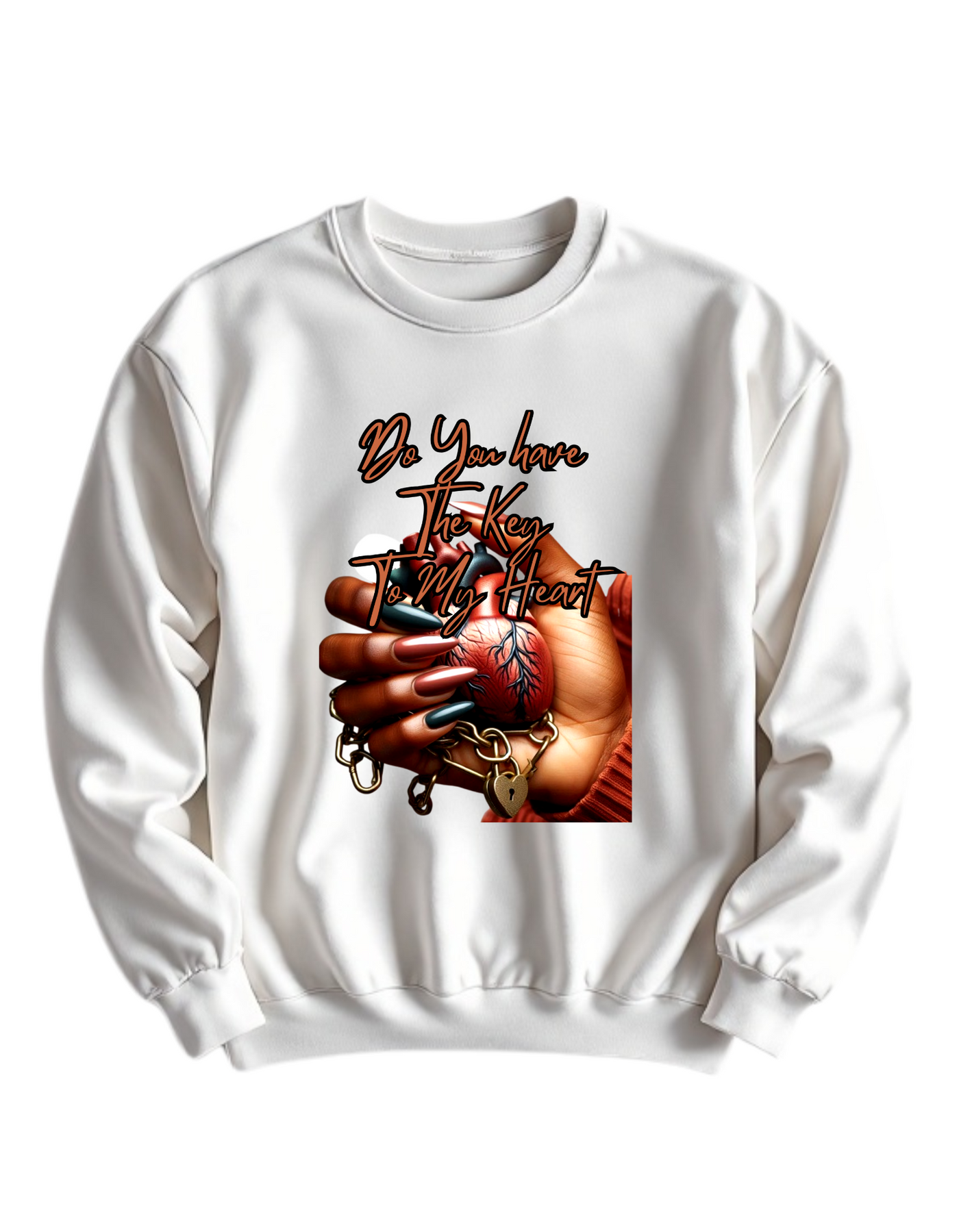 White crewneck sweatshirt with custom DTF printed design featuring anatomical heart in hand with lock and chain details and copper script text