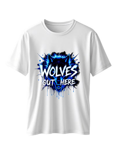White t-shirt with custom DTF printed fierce wolf design featuring neon blue effects and white dripping text effect with black splash details