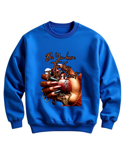 Blue crewneck sweatshirt with custom DTF printed design featuring anatomical heart in hand with lock and chain details and copper script text 