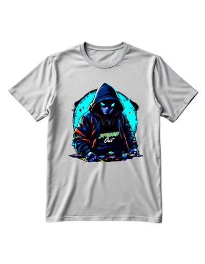 Grey t-shirt with custom DTF printed hooded figure design featuring neon cyan glow effects and geometric background elements