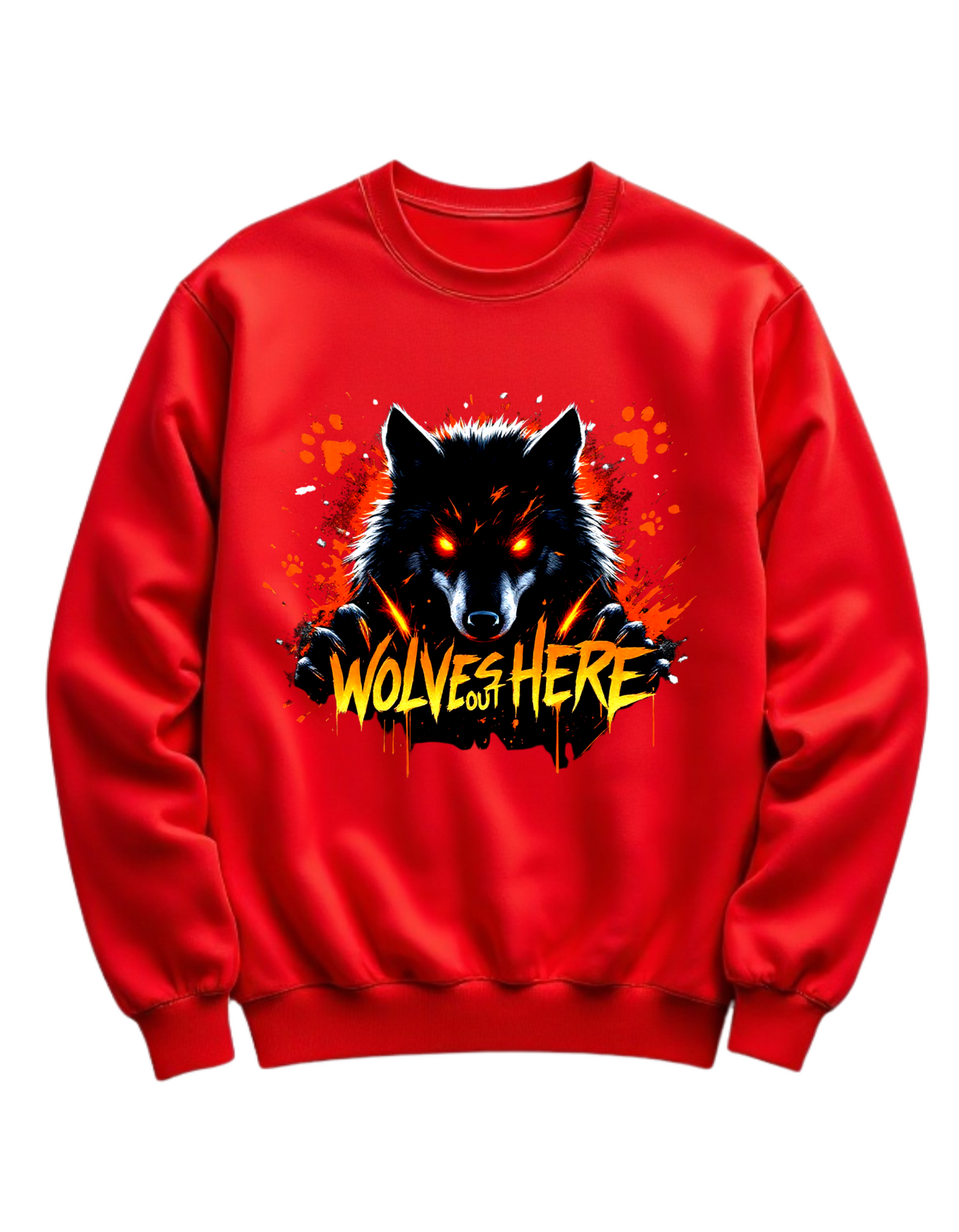Red crewneck sweatshirt with custom DTF printed fierce black wolf design featuring orange glowing eyes, red paw prints and orange flame text effect
