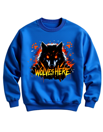 Blue crewneck sweatshirt with custom DTF printed fierce black wolf design featuring orange glowing eyes, red paw prints and orange flame text effect