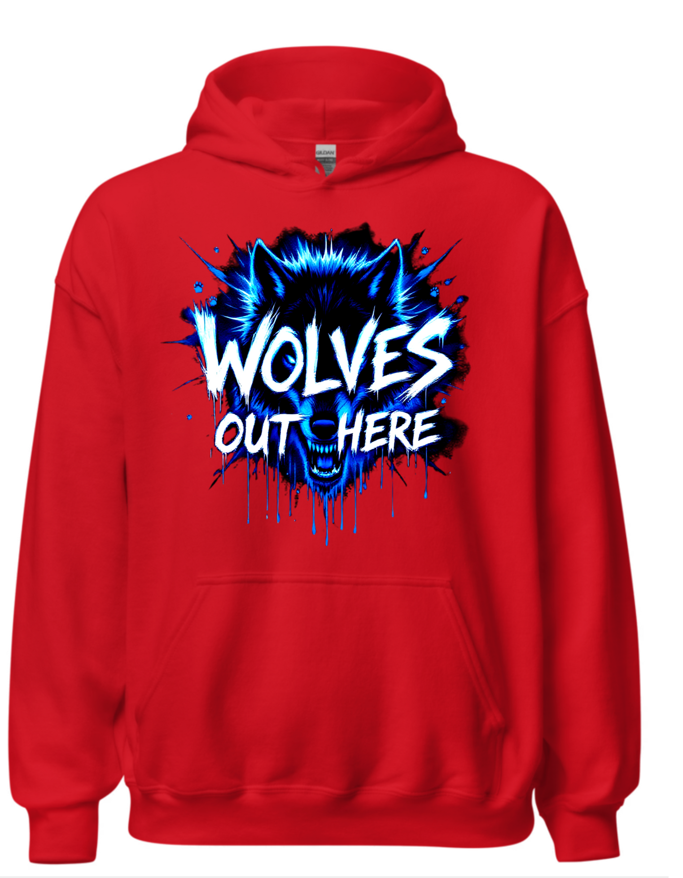 Red hoodie with custom DTF printed fierce wolf design featuring neon blue effects and white dripping text effect with black splash details
